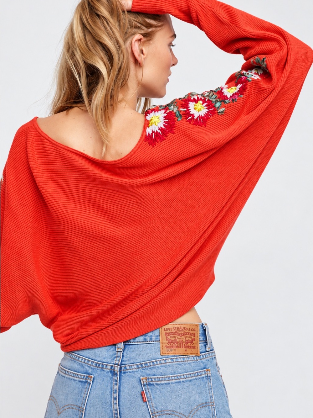 NWT Free People L Bouquet Floral Embroidered Dolman Batwing Sweater Orange $198 - Picture 9 of 12